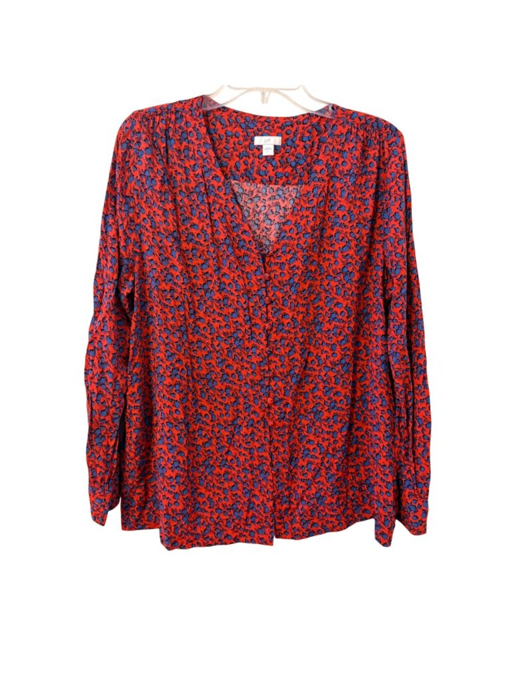 J.Jill Womens Red & Blue Floral V-Neck Long Sleeve Blouse Size L Blouse